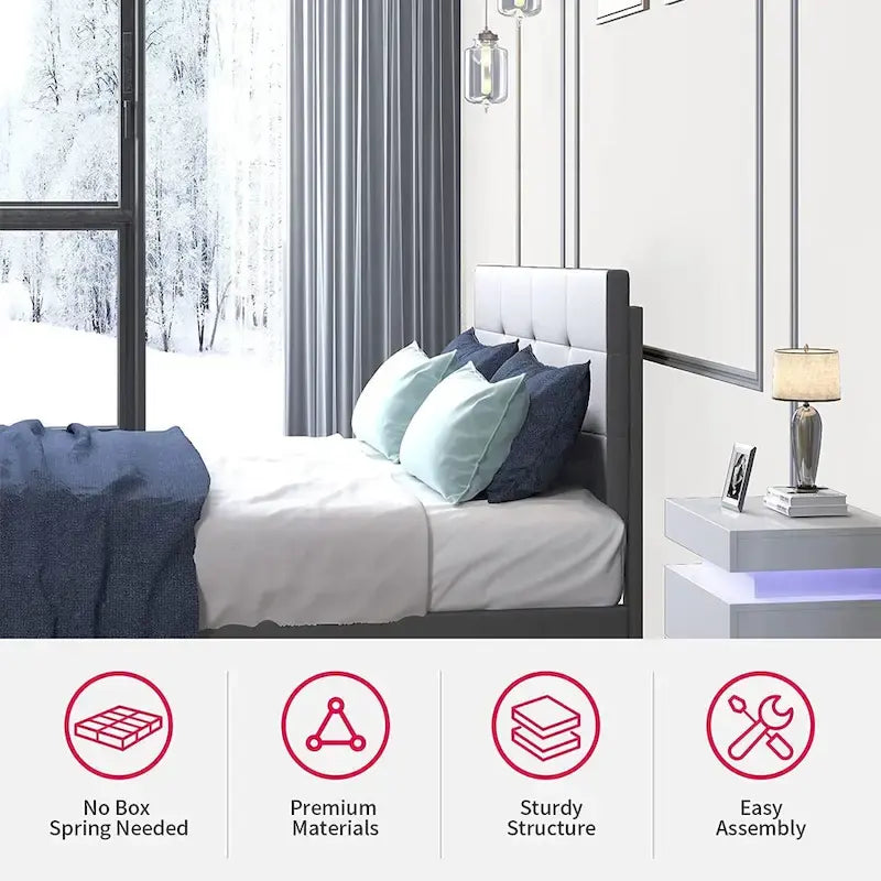 Cadre de lit avec lumières LED RVB intelligentes Tête de lit capitonnée en tissu PVC