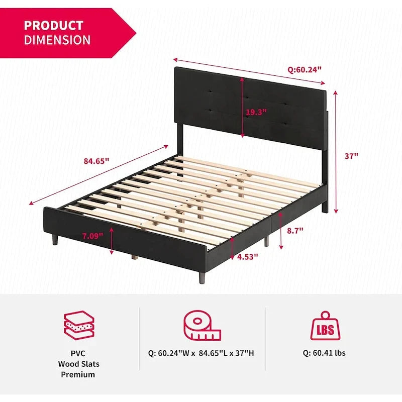 Cadre de lit avec lumières LED RVB intelligentes Tête de lit capitonnée en tissu PVC