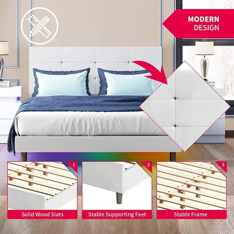Cadre de lit avec lumières LED RVB intelligentes Tête de lit capitonnée en tissu PVC