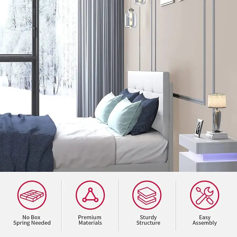 Cadre de lit avec lumières LED RVB intelligentes Tête de lit capitonnée en tissu PVC