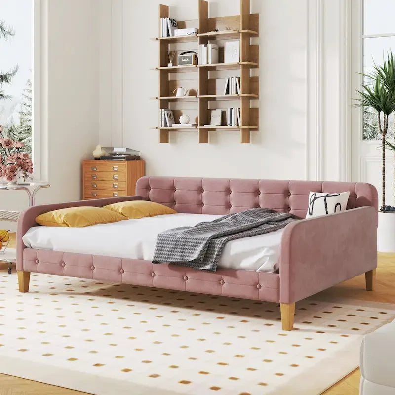 Lit de repos capitonné pleine taille avec 4 pieds de support, Rose