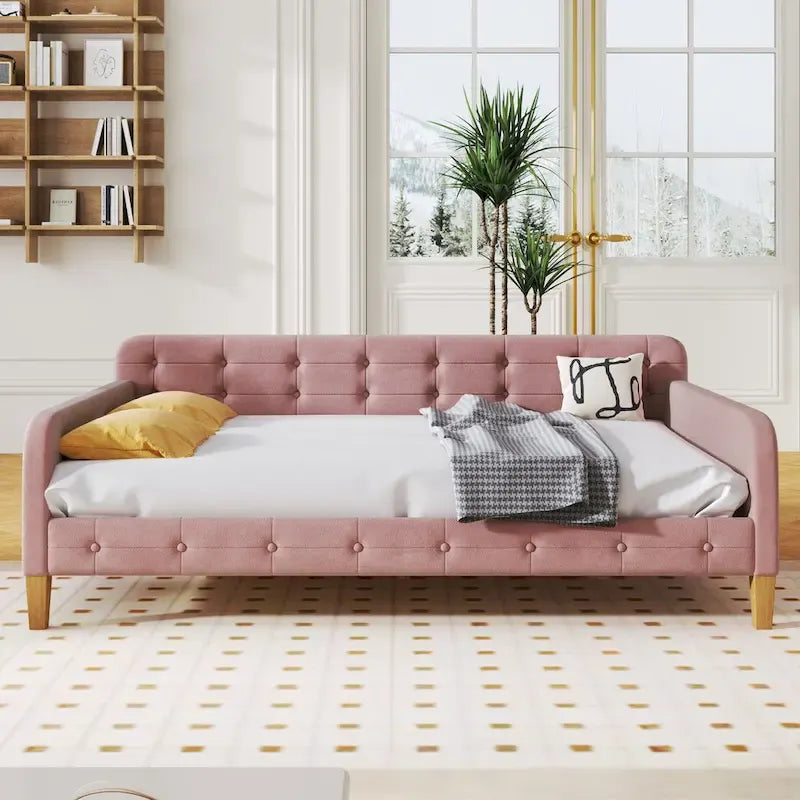 Lit de repos capitonné pleine taille avec 4 pieds de support, Rose