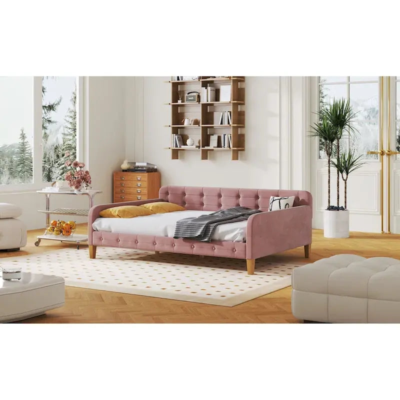 Lit de repos capitonné pleine taille avec 4 pieds de support, Rose