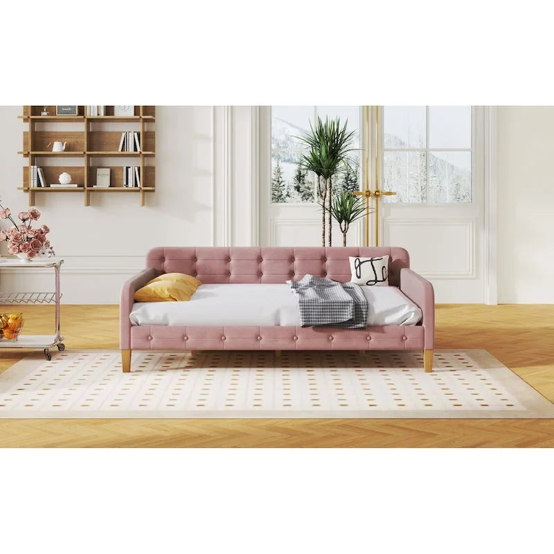 Lit de repos capitonné pleine taille avec 4 pieds de support, Rose