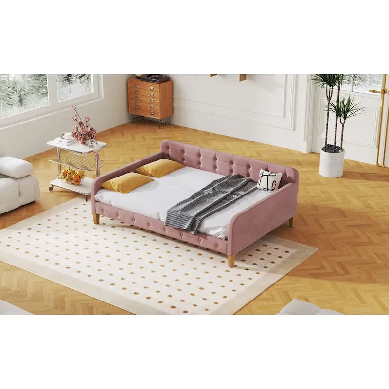 Lit de repos capitonné pleine taille avec 4 pieds de support, Rose