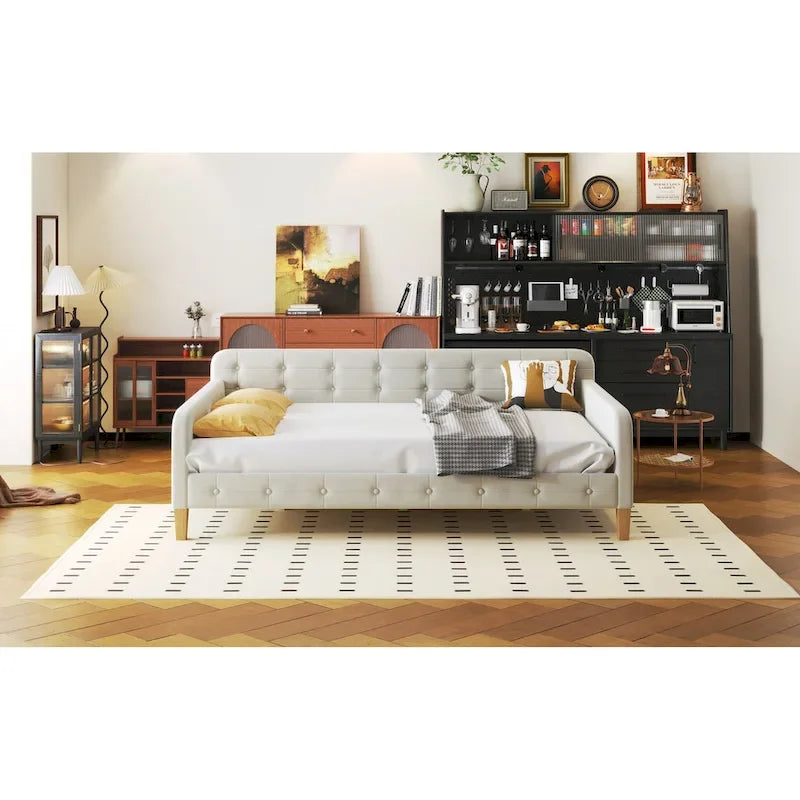 Lit de repos capitonné pleine taille avec 4 pieds de support, Rose