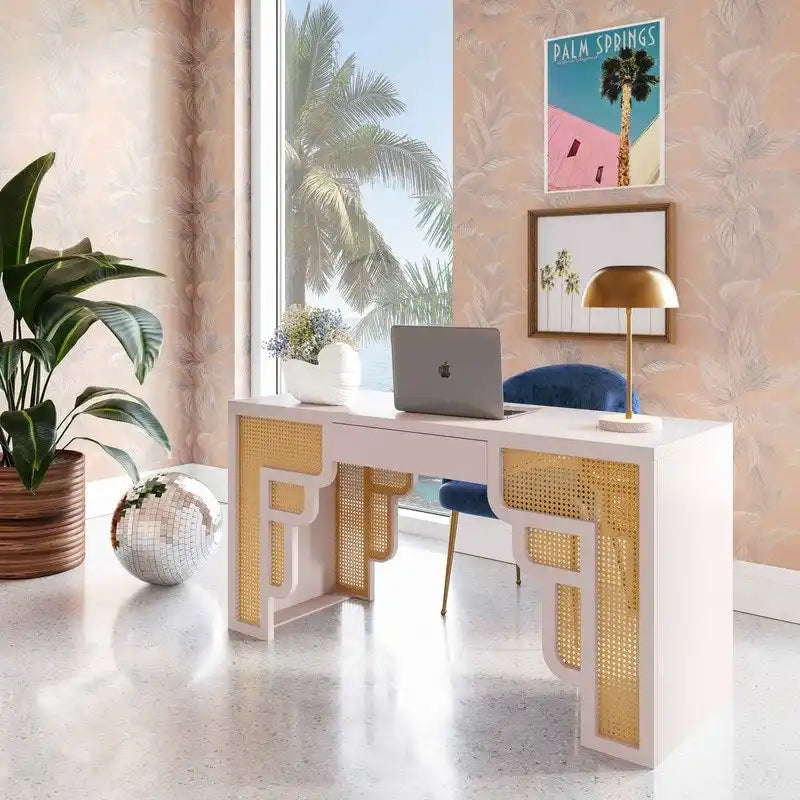 Bureau 1 tiroir en bois et rotin