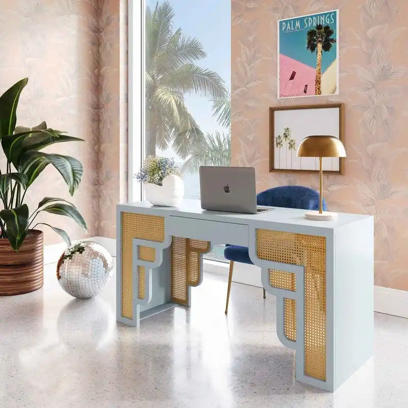 Bureau 1 tiroir en bois et rotin