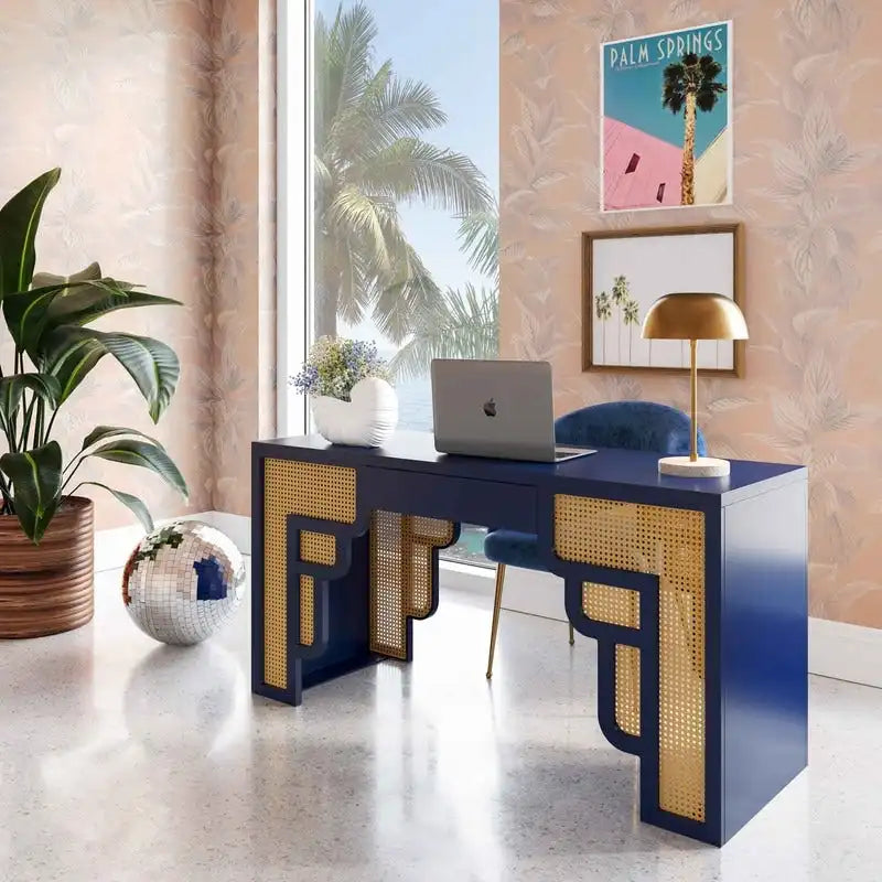 Bureau 1 tiroir en bois et rotin
