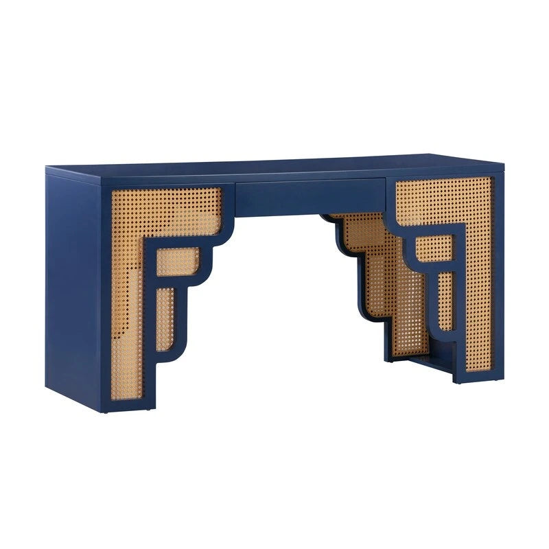 Bureau 1 tiroir en bois et rotin