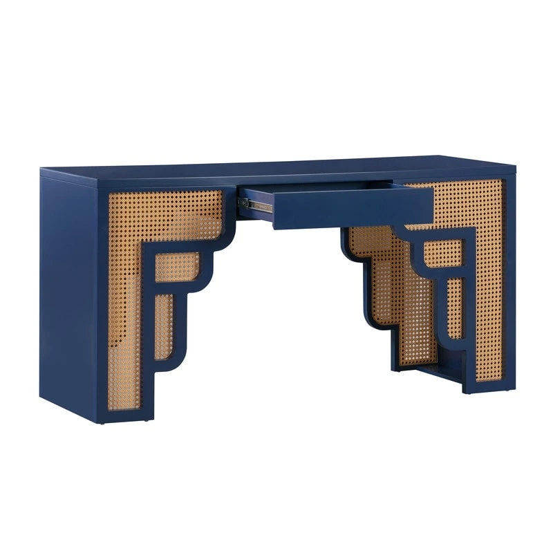 Bureau 1 tiroir en bois et rotin