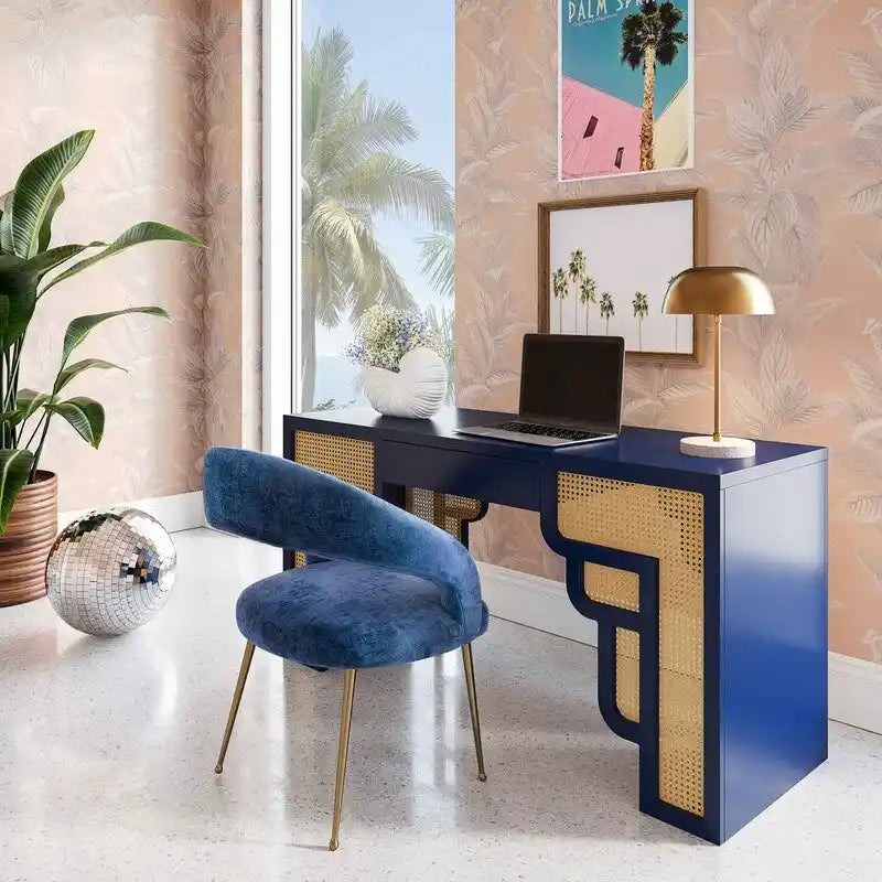 Bureau 1 tiroir en bois et rotin