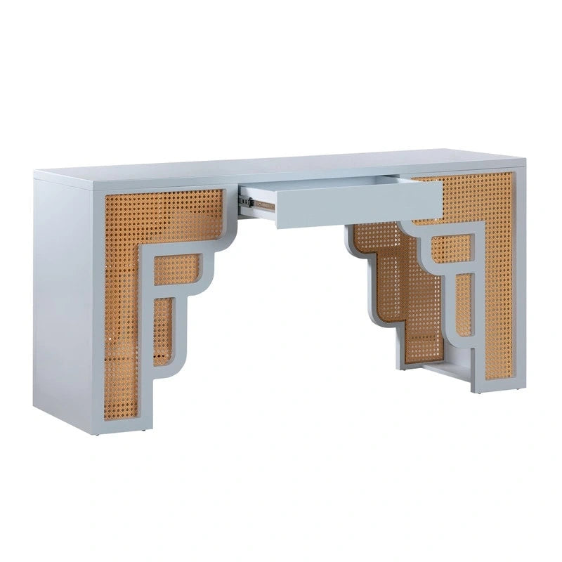 Bureau 1 tiroir en bois et rotin