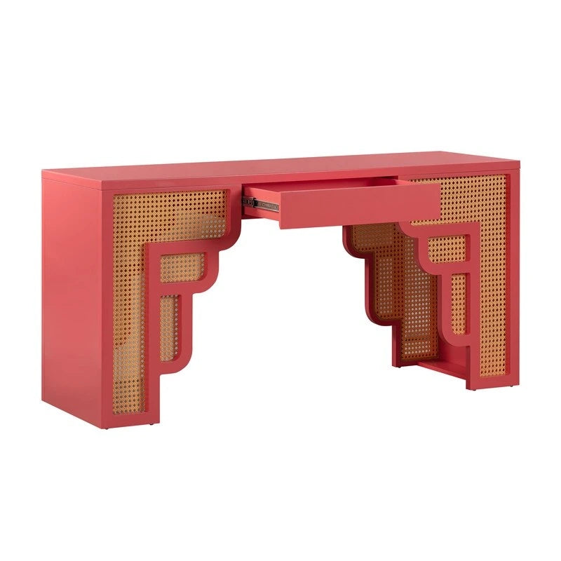 Bureau 1 tiroir en bois et rotin