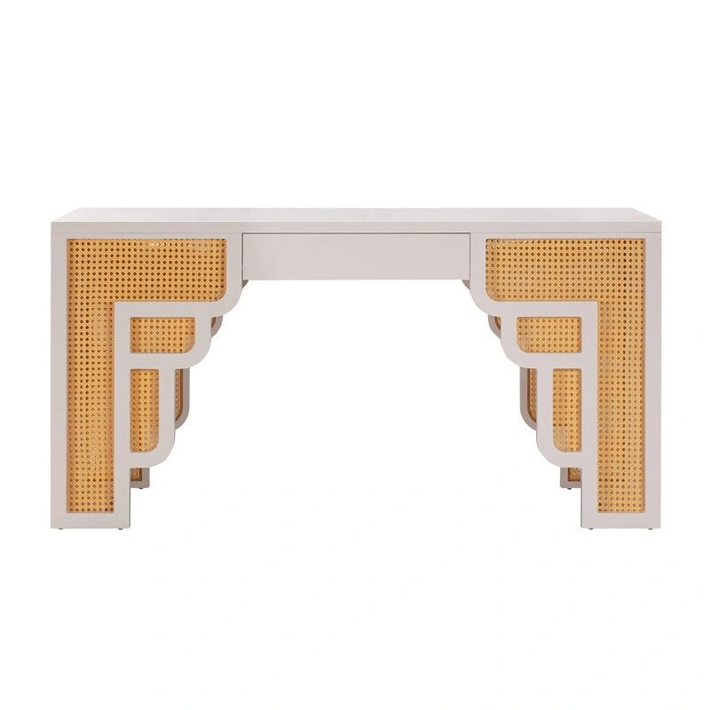 Bureau 1 tiroir en bois et rotin