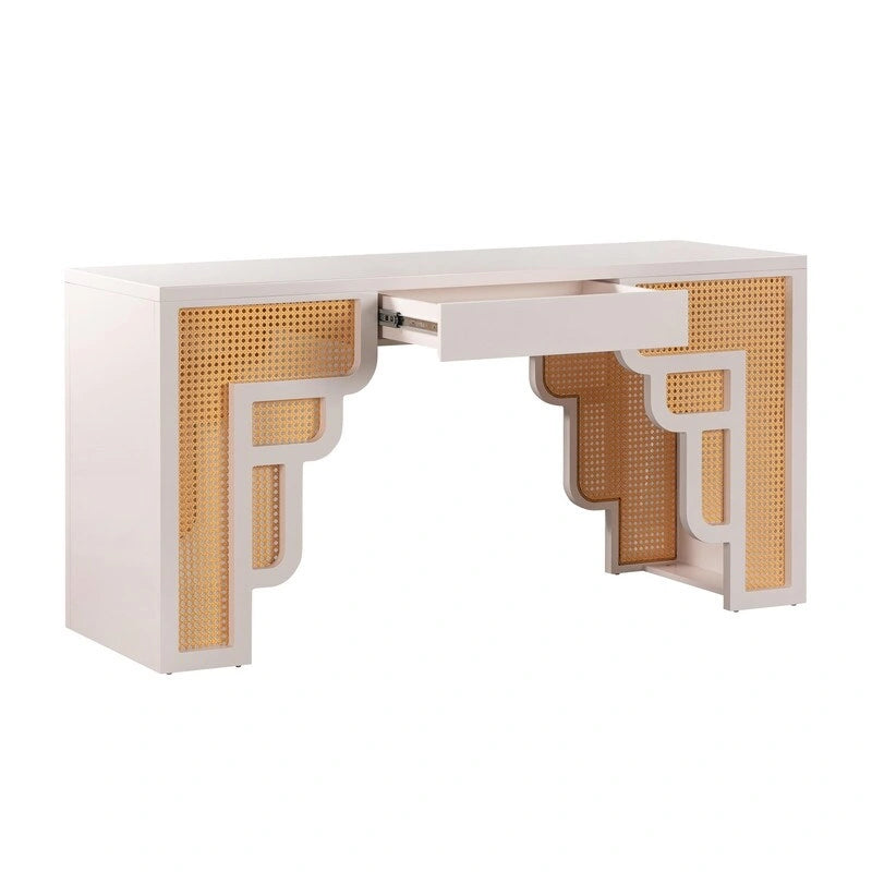 Bureau 1 tiroir en bois et rotin