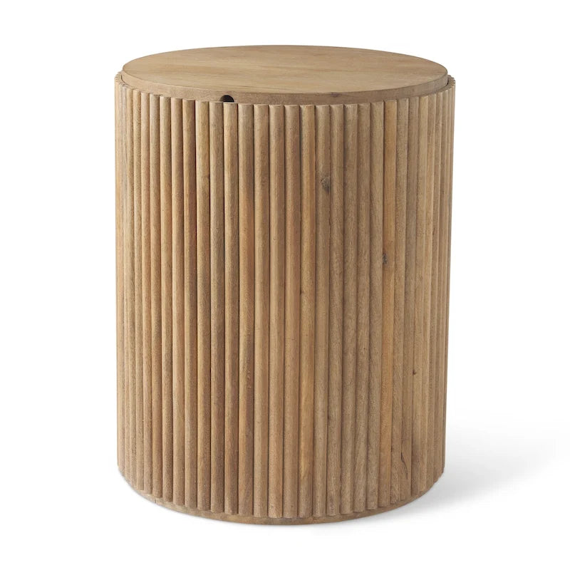 Table d'appoint ronde en bois massif cannelé marron foncé