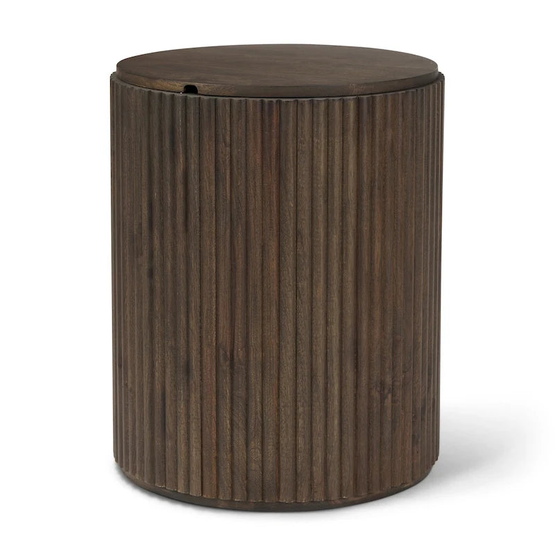 Table d'appoint ronde en bois massif cannelé marron foncé
