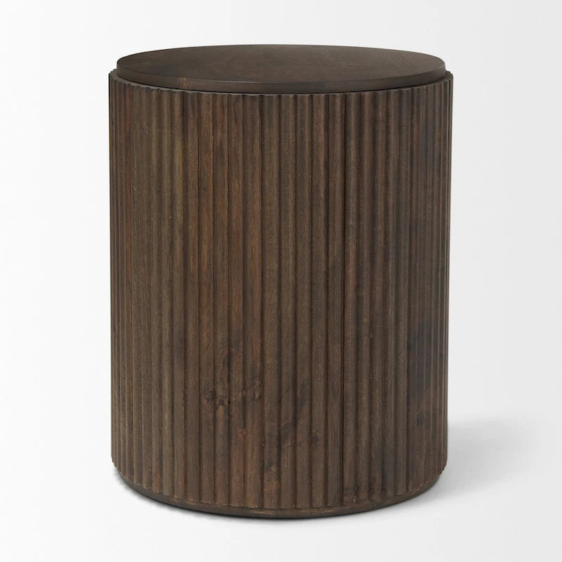 Table d'appoint ronde en bois massif cannelé marron foncé