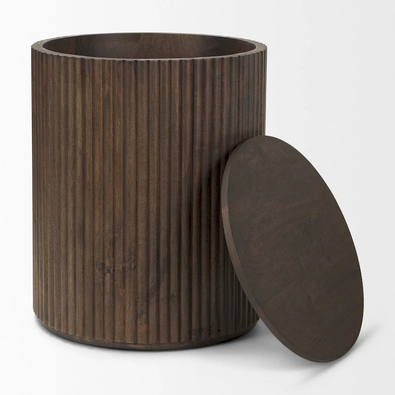 Table d'appoint ronde en bois massif cannelé marron foncé