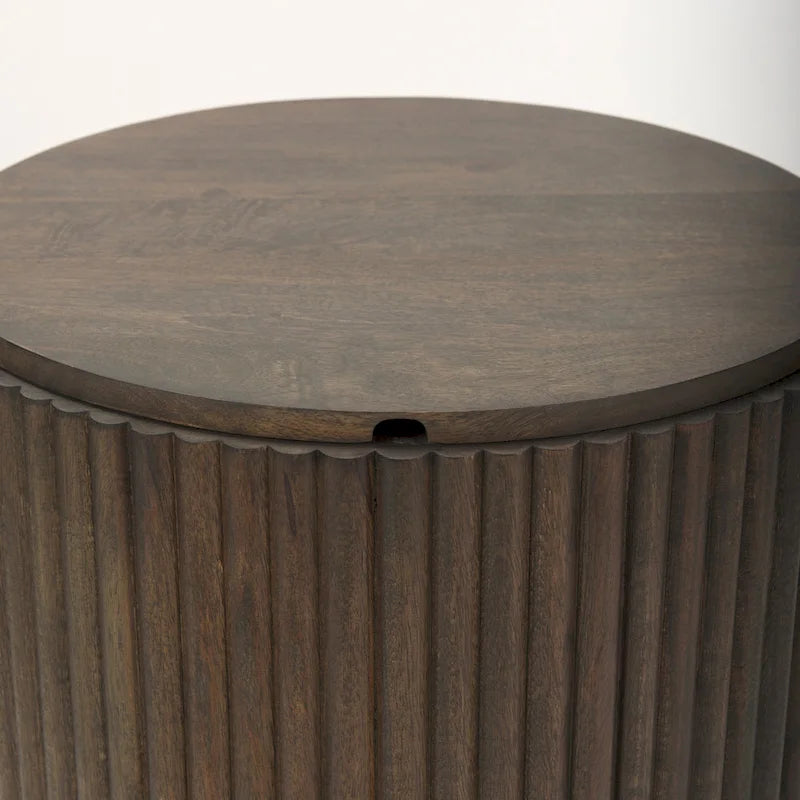 Table d'appoint ronde en bois massif cannelé marron foncé