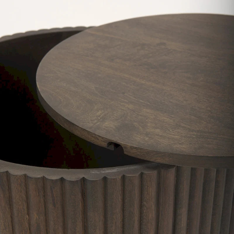 Table d'appoint ronde en bois massif cannelé marron foncé