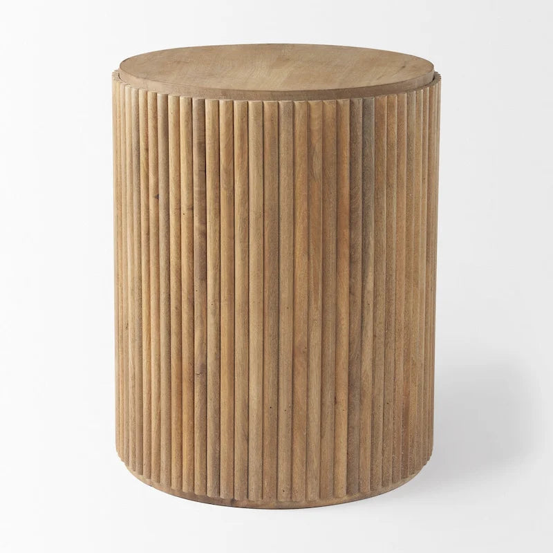 Table d'appoint ronde en bois massif cannelé marron foncé