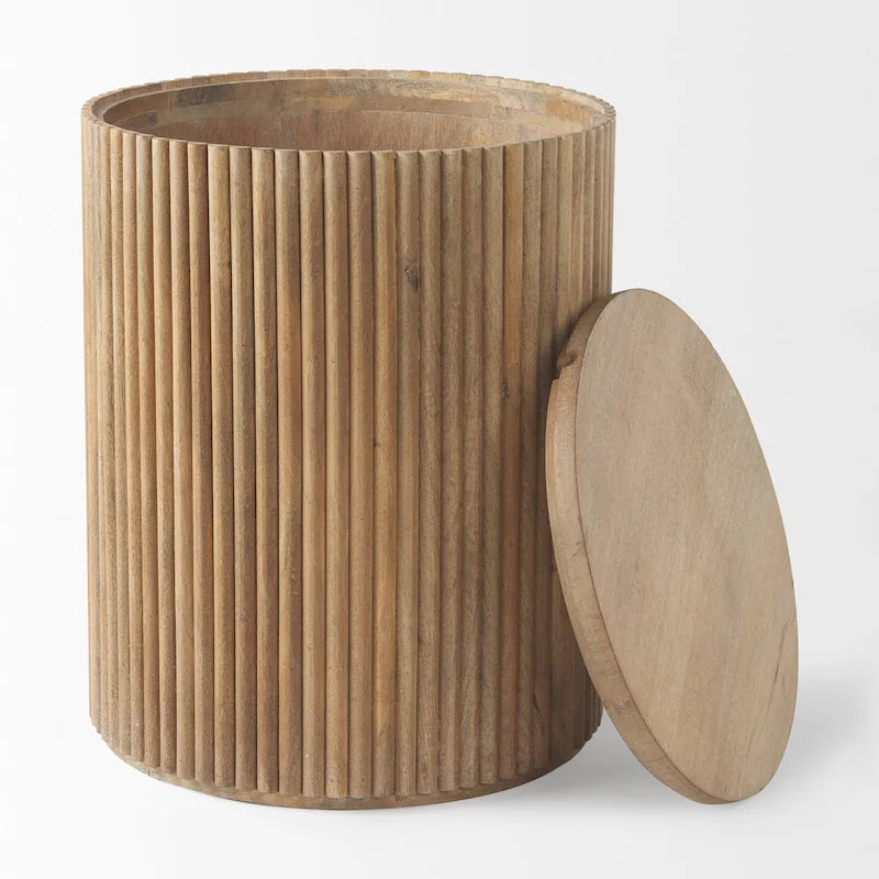 Table d'appoint ronde en bois massif cannelé marron foncé