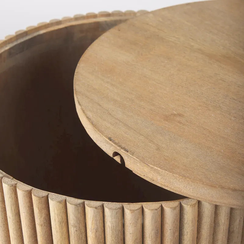 Table d'appoint ronde en bois massif cannelé marron foncé