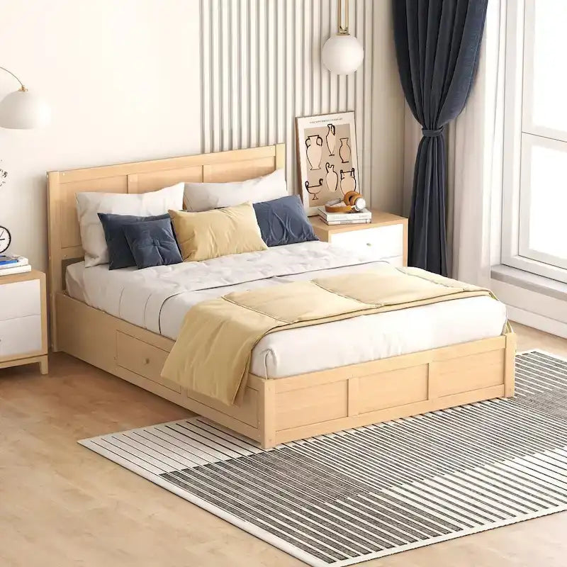 Lit plateforme en bois avec rangement intégré et 2 tiroirs